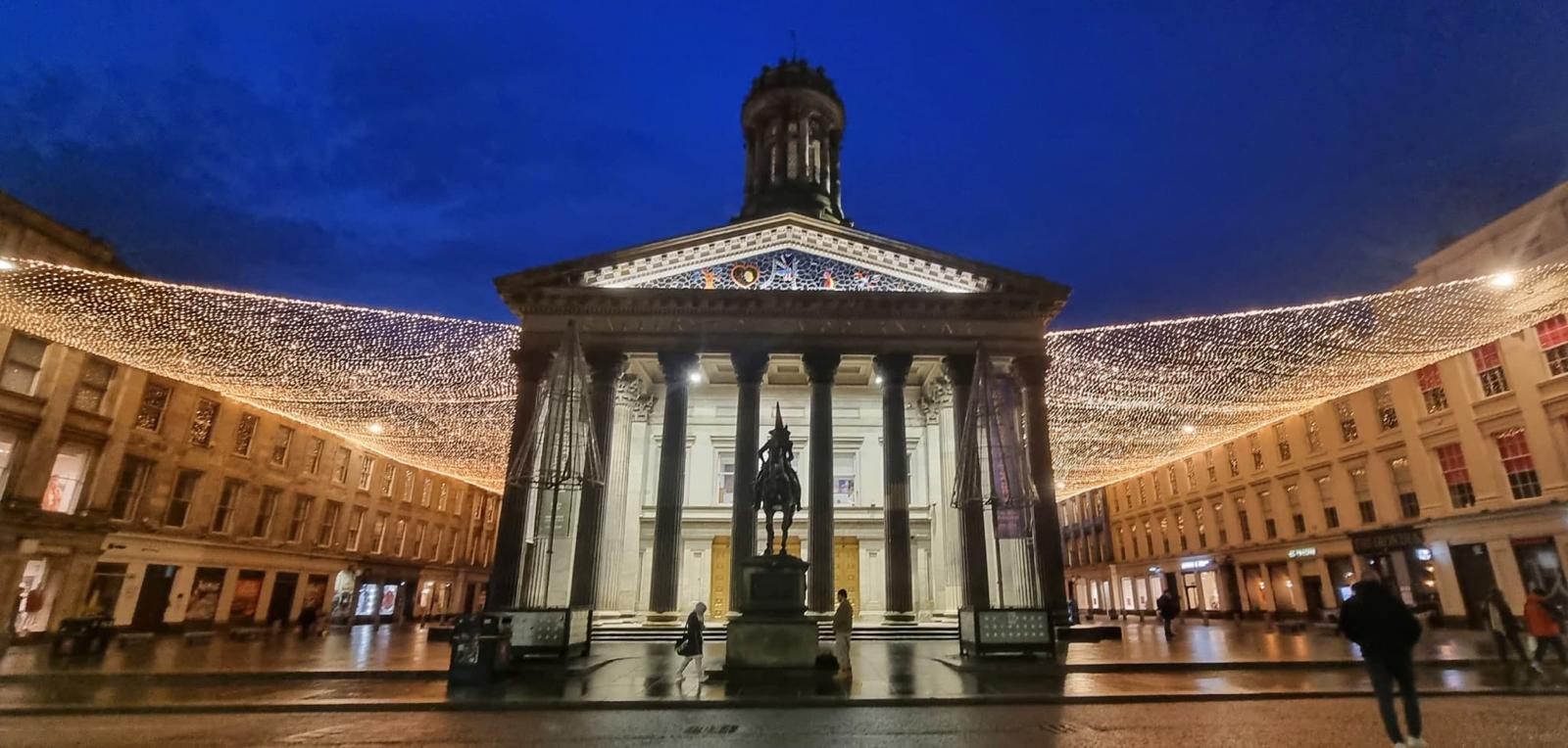 George Square in Glasgow illuminated at night